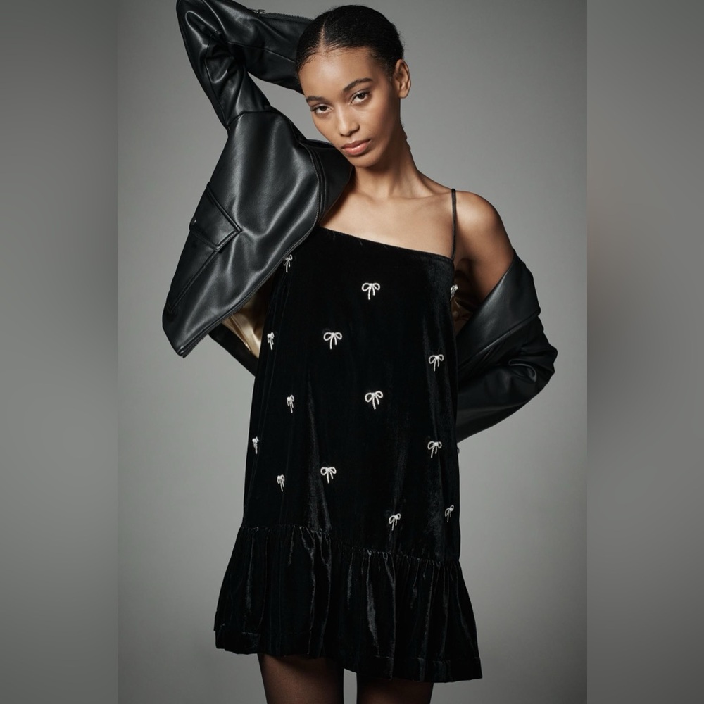 Anthropologie Maeve Bow Velvet Mini Dress, Size XXS